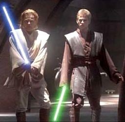 Imgen de Obi-Wan Kenobi y Anakin Skywalker con lightsabers