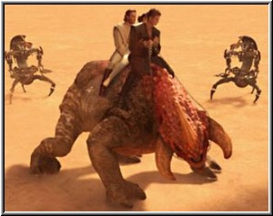 Anakin, Padmé y Obi-Wan sobre un Reek apunto de ser agujereado por Destroyer droids
