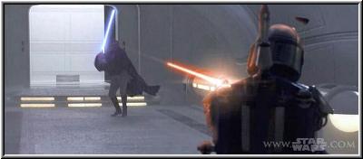 Obi-Wan Kenobi levanta su lightsaber en defensa de la ofensiva de Jango Fett