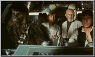 Han Solo, Chewbacca, Luke Skywalker y Obi-Wan Kenobi
