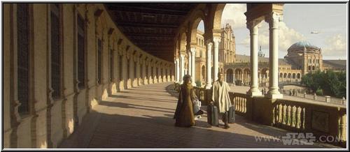 Anakin, Padmé y Artoo en una plazoleta en Naboo